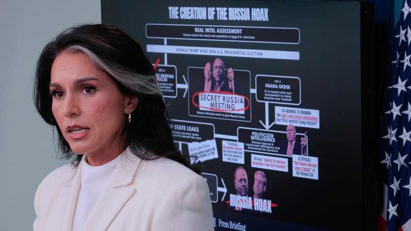 White House Director of National Intelligence Tulsi Gabbard talks to reporters at the White House.