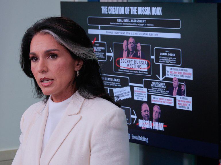 White House Director of National Intelligence Tulsi Gabbard talks to reporters at the White House.