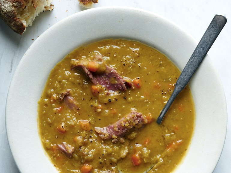 Split pea soup, in New York, Dec. 12, 2018. Whether you use bacon, a ham hock or paprika, Ali Slagle’s recipe for a classic split pea soup is satisfyingly smoky. Food styled by Simon Andrews.