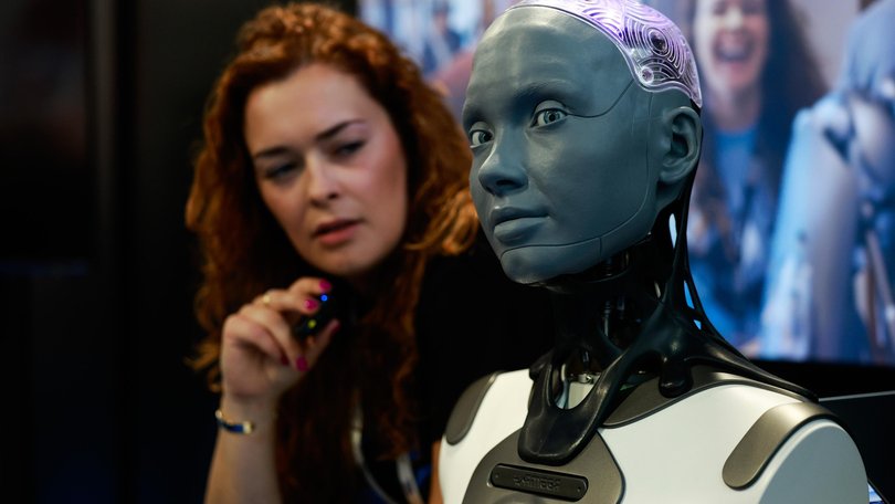 An artificial intelligence-powered Ameca robot on an exhibition stand at London Tech Week UK, on Monday, June 9, 2025.