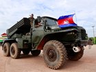 Cambodian soldiers ride on a self-propelled multiple rocket launcher in Oddar Meanchey province, Cambodia.