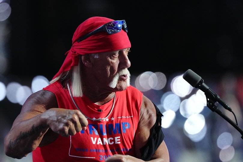 Hulk Hogan addresses the final night of the Republican National Convention, at Fiserv Forum in Milwaukee, on Thursday, July 18, 2024.