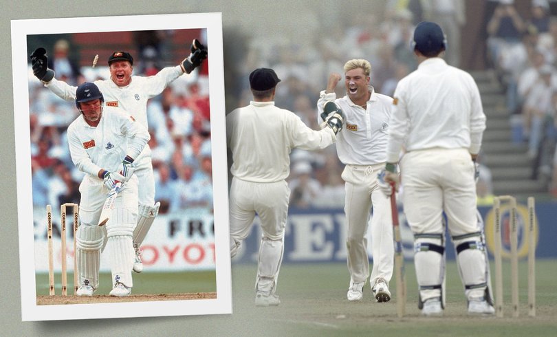 Shane Warne celebrates after bowling England batsman Mike Gatting with the Ball of the Century.