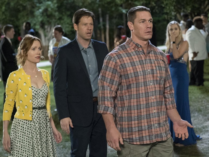 Leslie Mann, Ike Barinholtz and John Cena in a scene from raunchy comedy, Blockers.