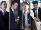 Former members of Canada's 2018 World Juniors hockey team, left to right; Alex Formenton, Cal Foote, Michael McLeod, Dillon Dube and Carter Hart as they individually arrived to court in London, Ontario, Canada on April 22, 2025.