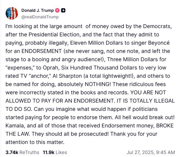 US President Donald has called for Beyoncé, Former Vice President Kamala Harris, and Oprah to be prosecuted.