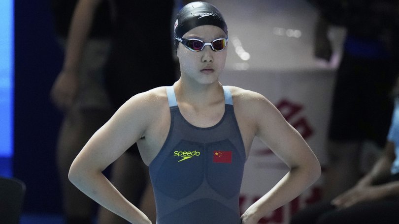 Yu Zidi of China prepares to compete in the women's 200-meter individual medley heat at the World Aquatics Championships in Singapore, Sunday, July 27, 2025.