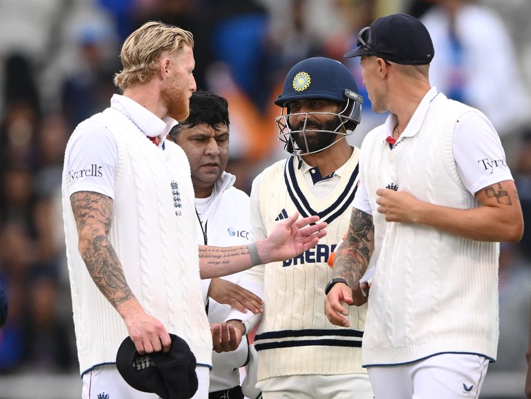 England captain Ben Stokes and bowler Brydon Carse in heated conversation with India’s Ravindra Jadeja. 