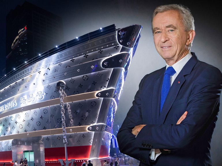 CEO of LVMH Bernard Arnault and Louis Vuitton’s flagship store, The Louis, which opened in Shanghai in June.