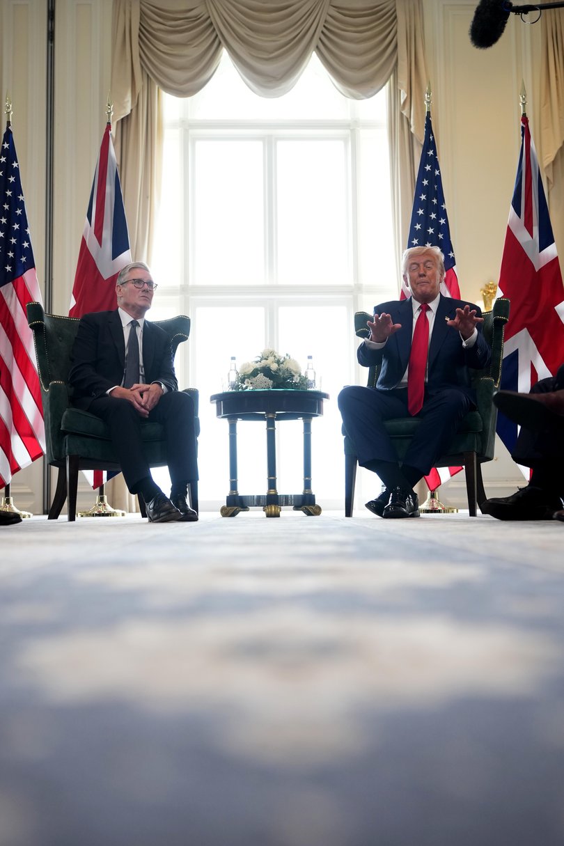 US President Donald Trump gestures as he meets with British Prime Minister Keir Starmer at Trump Turnberry golf club in Turnberry, Scotland.
