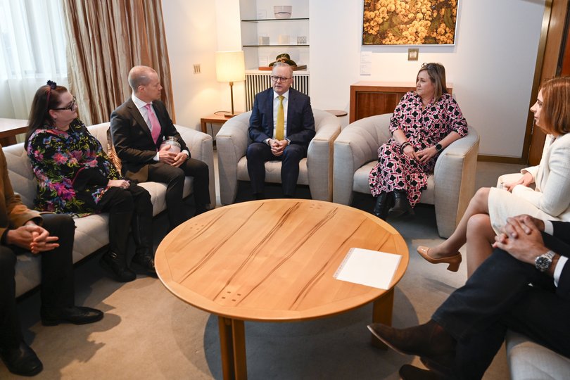 Prime Minister Anthony Albanese and Minister for Communication, Anika Wells meet with Emma Mason, Robb Evans and Mia Bannister at Parliament House in Canberra.