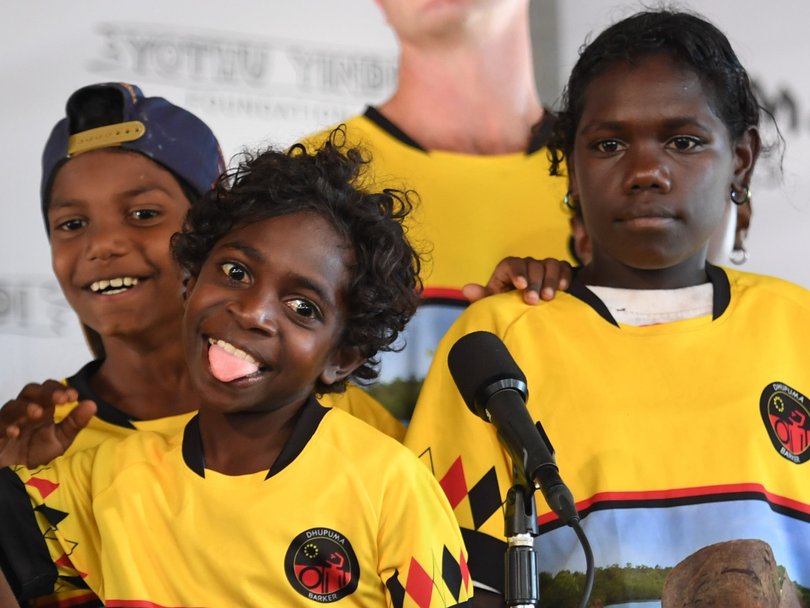 Dhupuma Barker School students perform to the Garma crowd on Friday, August 1, day one of the 2025 Festival.