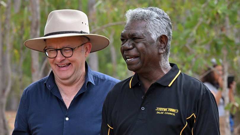 Prime Minister Anthony Albanese and Gumatj leader Djawa Yunupingu during the Garma Festival held at the Gulkula ceremonial in the Gove Peninsula of the Northern Territory, Saturday, August 3, 2024.