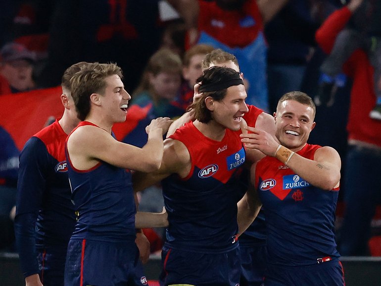 Jai Culley of the Demons celebrates his first goal for the club.
