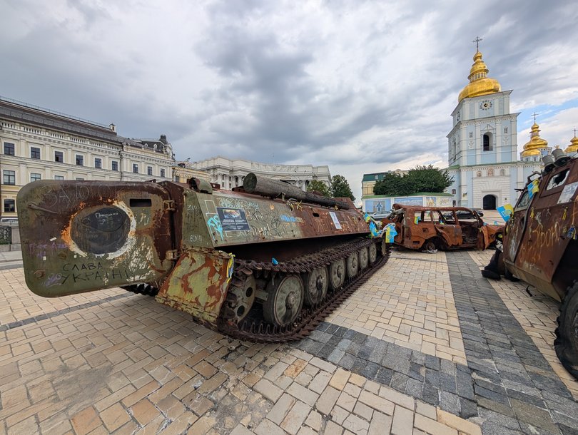 The remains of a Russian tank on display in Ukraine.