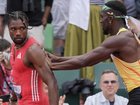 Kenny Bednarek pushes Noah Lyles in the back after the 200m final at the US championships. (AP PHOTO)