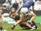 SYDNEY, AUSTRALIA - AUGUST 03: Stephen Crichton of the Bulldogs tackles Taylan May of the Tigers during the round 22 NRL match between Wests Tigers and Canterbury Bulldogs at CommBank Stadium, on August 03, 2025, in Sydney, Australia. (Photo by Mark Evans/Getty Images)