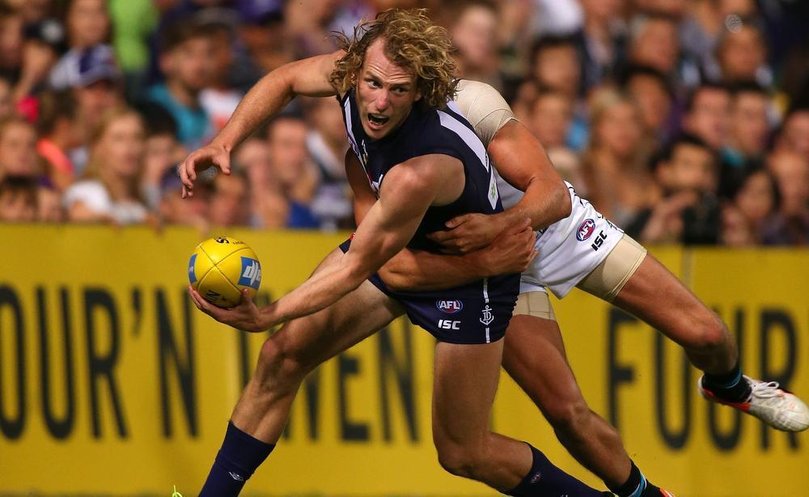 David Mundy gets his arms free.