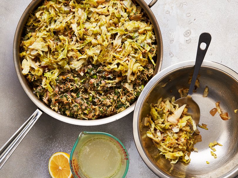 The combined ingredients for a rich, meaty pork-cabbage casserole, in New York, February 1, 2023. This recipe, a mashup of several, crosses a caramelised cabbage and onion saute with a lasagne-like casserole. Food stylist: Simon Andrews (Armando Rafael/The New York Times)