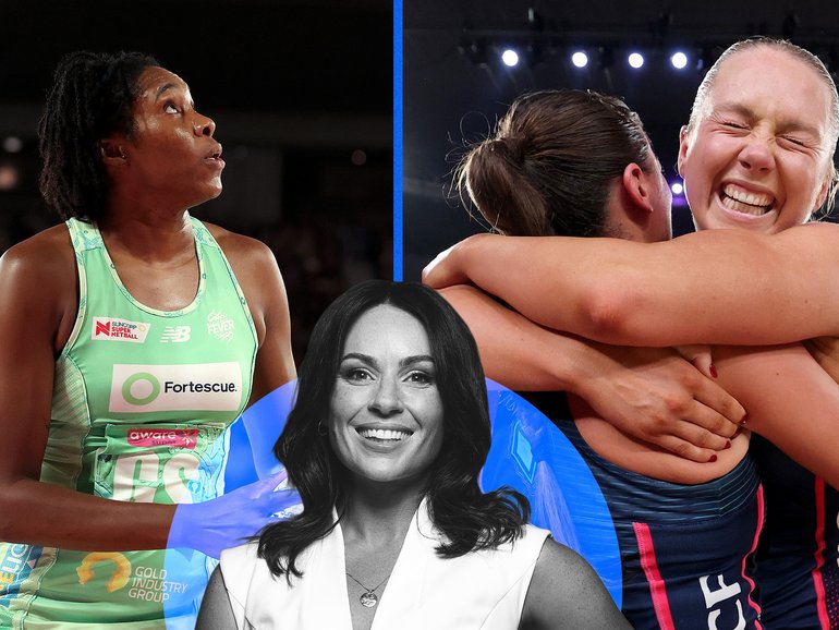 Jhaniele Fowler-Nembhard of the Fever and Hannah Mundy and Kate Eddy of the Vixens celebrate their grand final win. 