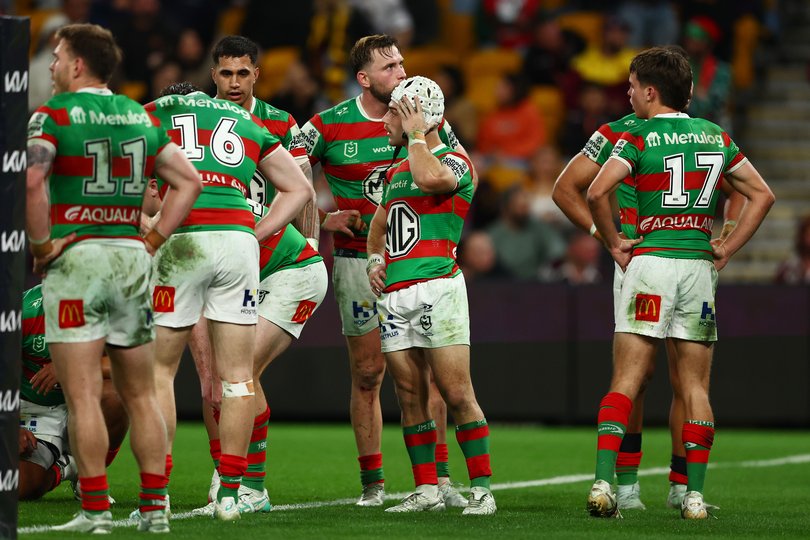 The Rabbitohs during their big loss to the Broncos on Friday.