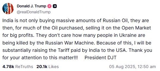 US President Donald Trump says India 'don't care how many people are being killed by the Russian War Machine' in a Truth Social post.