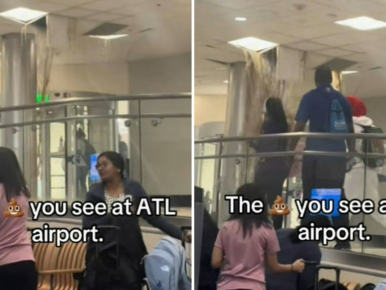A foul-smelling leak at Atlanta’s main airport left passengers dodging falling water and debris.