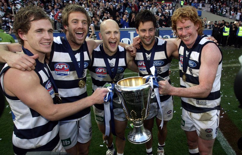 Geelong v St Kilda in the Grand Final at the MCG; Joel Selwood, Joel Corey, Gary Ablett, Jimmy Bartel and Cameron Ling with the cup.  