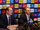 Melbourne president Brad Green and Simon Goodwin speak to media.