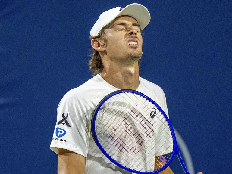 Alex de Minaur shows his disappointment after losing in the quarter-finals at the Canadian Open.
