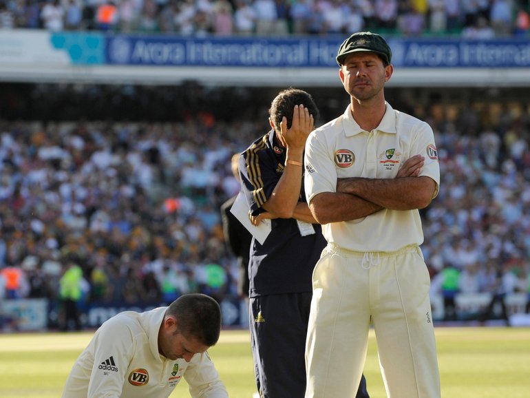 Australia's vice-captain Michael Clarke (left) and captain Ricky Ponting wait for the presentation ceremony after the 5th Test match between England and Australia at The Oval, London, 23rd August 2009. England won the match by 197 runs and took the five-match series 2-1. 