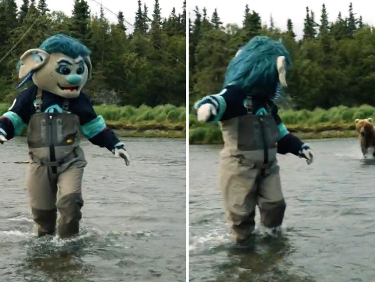 A grizzly bear has charged at a hockey team's mascot in the Alaskan wilderness..