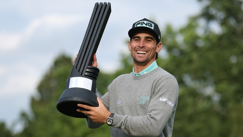 Joaquin Niemann of Torque GC poses with the individual trophy on day three of LIV Golf UK on July 27.