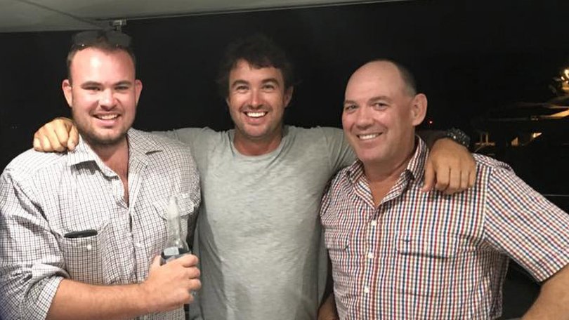 Chopper crash victim Chris Wilson, Outback Wrangler star Matt Wright and Mick Burns in 2016. 
