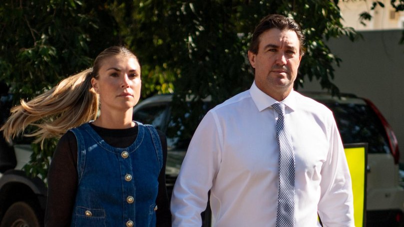 Outback Wrangler Matt Wright and his wife Kaia Wright approaching the Supreme Court in Darwin on Thursday August 7.
