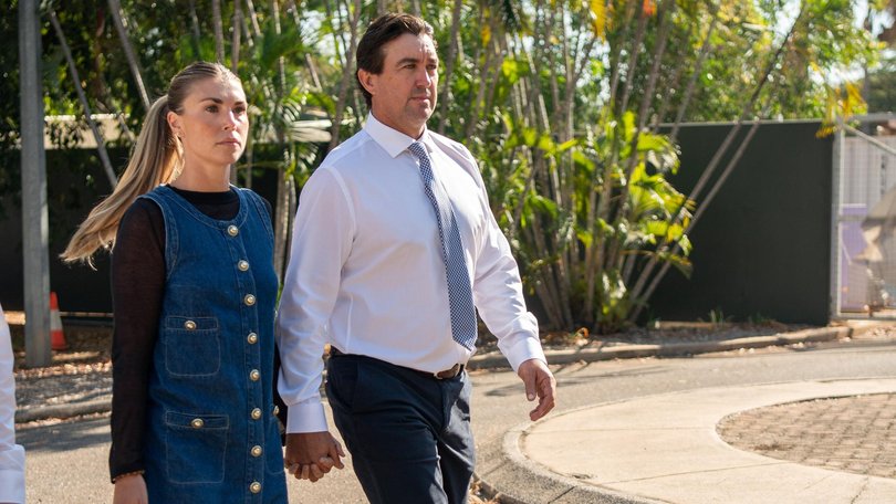 Outback Wrangler Matt Wright and his wife Kaia Wright approaching the Supreme Court in Darwin on Thursday August 7. 