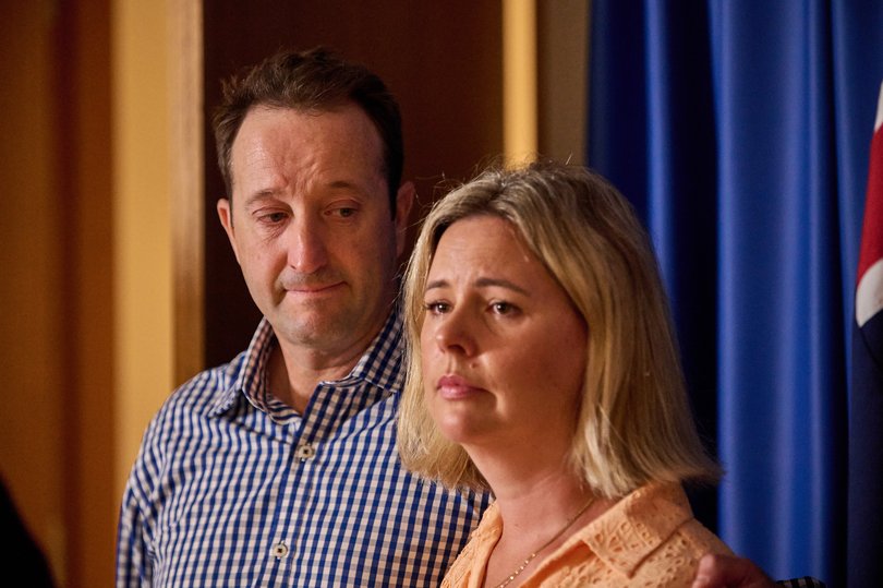 Elouise and Danny Massa, parents of Joe Massa, speak to media during a press conference in Sydney.