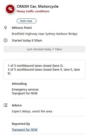 Harbour Bridge crash update on Live Traffic.