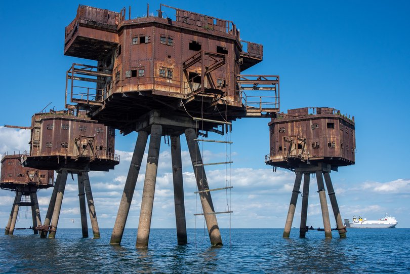 The rusting remains of the Maunsell Forts are seen close to the shore at Whitstable off the east coast of England.