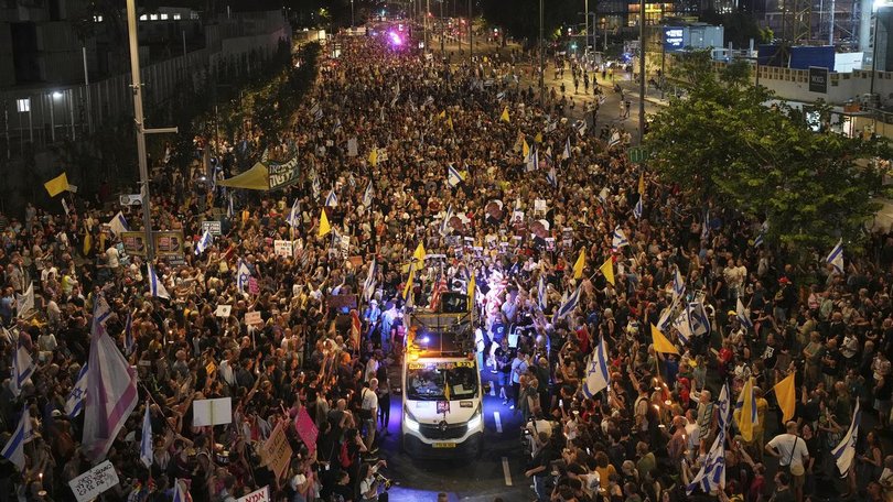 Thousands of supporters of Israeli hostages held in Gaza have rallied calling for an end to the war. (AP PHOTO)