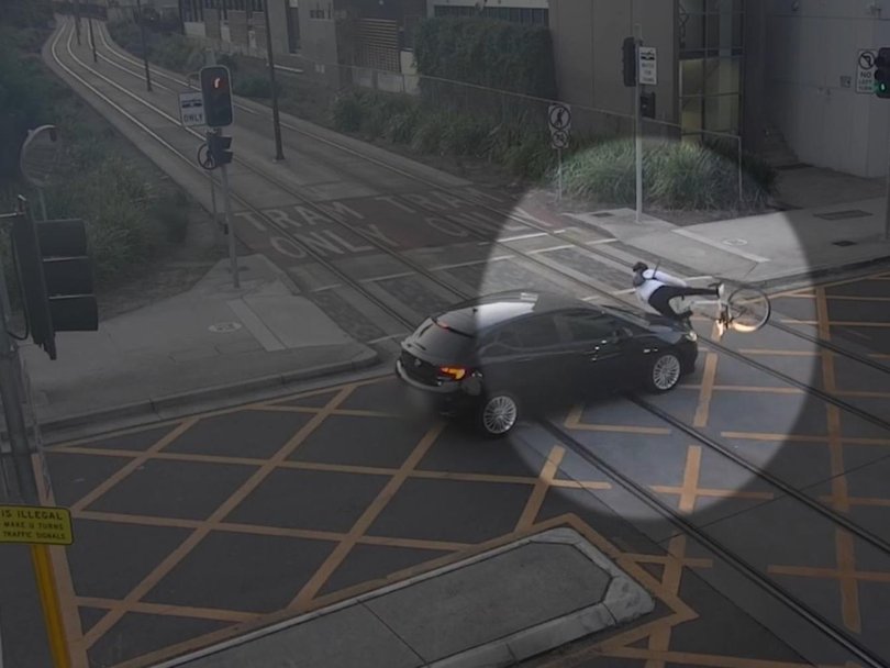 Footage from Newcastle showed a cyclist causing a crash with a car as he rode along the tram track. Picture: Supplied
