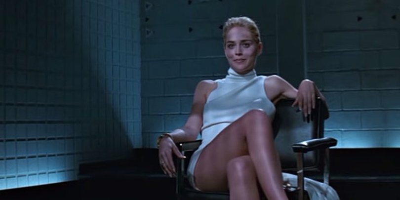 Sharon Stone as Catherine Tramell in the infamous interrogation scene from Basic Instinct. 