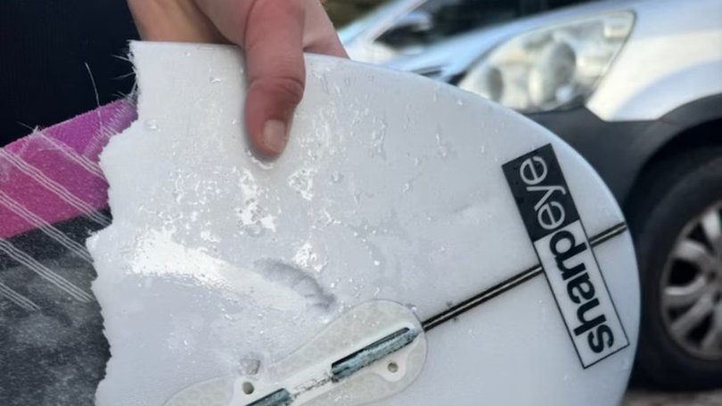 The board was smashed to pieces but amazingly, Bowie only escaped with a scratch and a puncture to his wetsuit. Picture: ABC