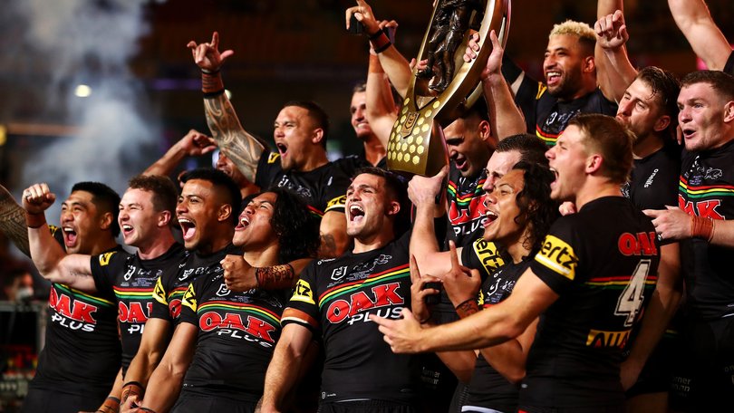 The Panthers celebrate the 2021 premiership - their first of four in a row.