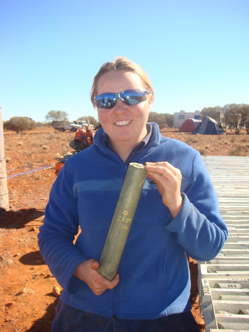 Margy Hawke with drill core from DeGrussa discovery grading 29% copper.