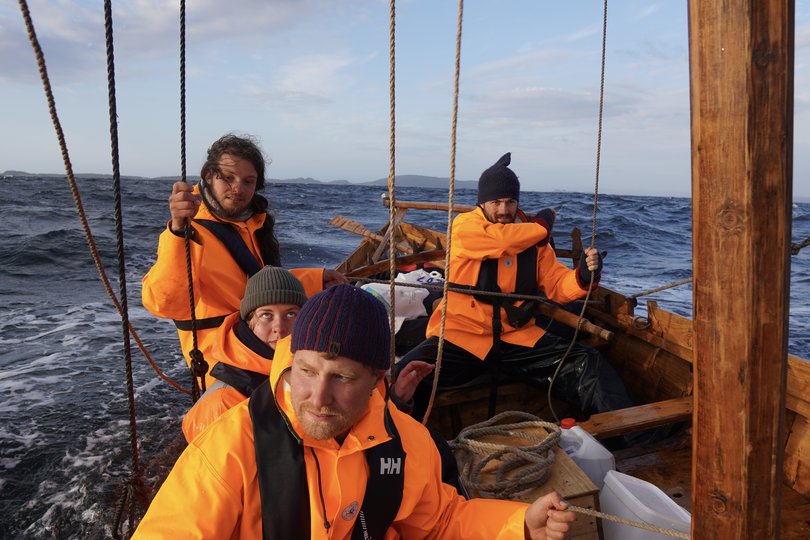 Greer Jarrett, rear, at the helm during a Norwegian voyage, in 2022, from Rissa to Bergen, Norway.