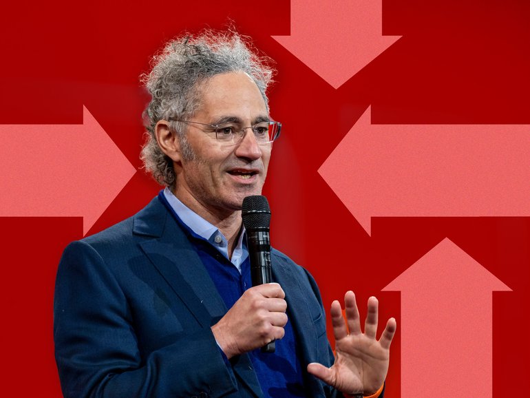 Alex Karp, chief executive officer of Palantir Technologies Inc., speaks during the AIPCon conference in Palo Alto, California.