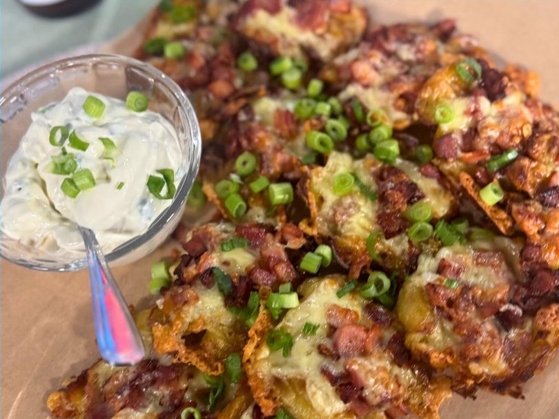 Loaded Cheese and Bacon Smashed Potatoes.