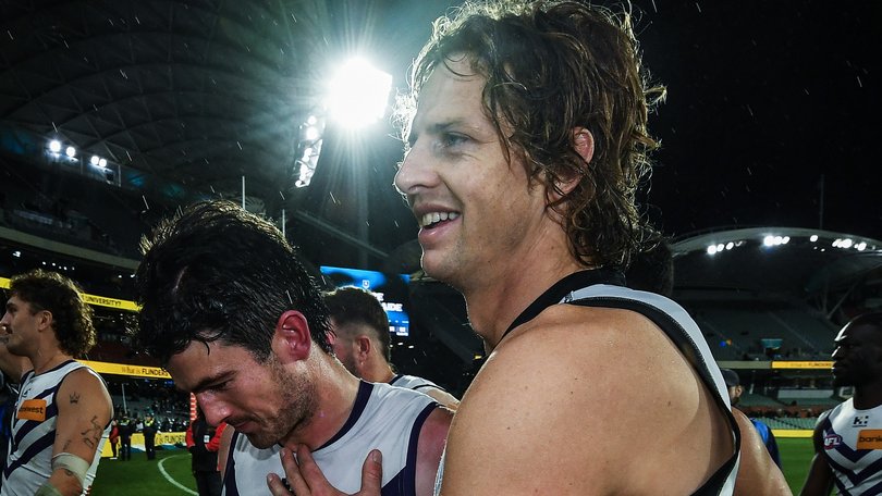 Nat Fyfe celebrates last Saturday’s win.