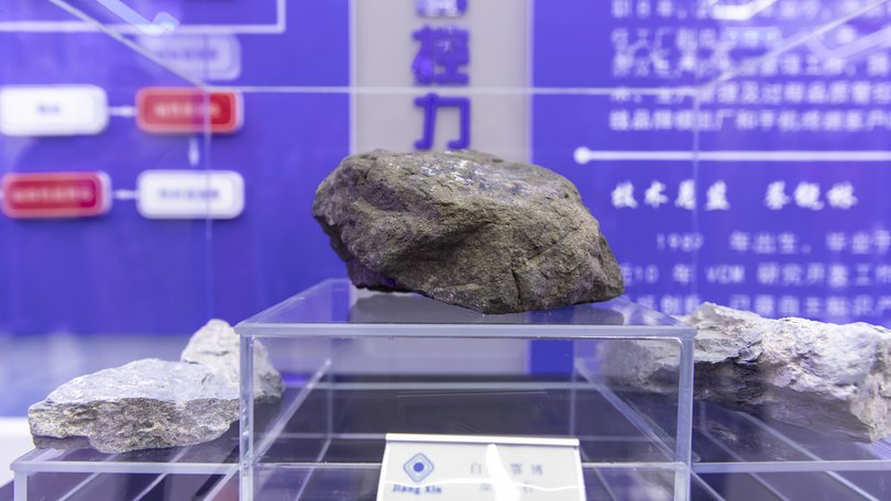 Various rare earth minerals on display in a showroom at the Baotou Jiangxin Micro Motor Technology Co., in Baotou, Inner Mongolia, China.